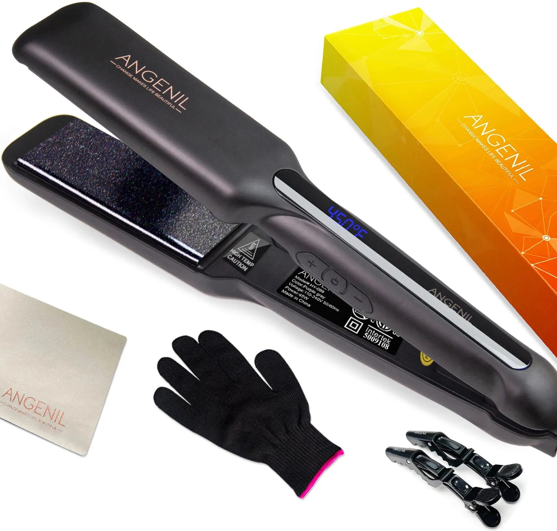 A black hair straightener with tourmaline ceramic floating plates and an LED display is shown. The brand name "ANGENIL" is visible on the device. Accessories include a black heat-resistant glove, two black hair clips, a beige cloth bag, and an orange and yellow branded box in the background.