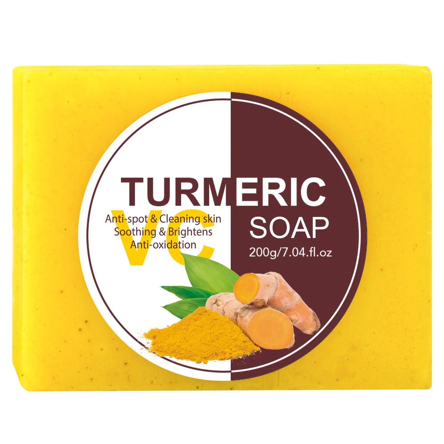 A rectangular bar of turmeric soap in bright yellow packaging. The label features an image of turmeric root and powder. Text on the label highlights benefits such as deep cleanse, anti-spot, cleaning skin, soothing and brightening for a radiant complexion, and anti-oxidation properties. The bar weighs 200g/7.04 fl. oz.