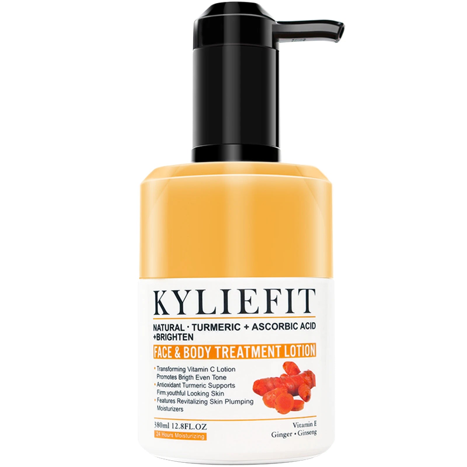 A pump bottle of Kyliefit Face &amp; Body Treatment Lotion with turmeric, ascorbic acid, vitamin E, ginger, and ginseng. The label highlights its paraben-free natural ingredients and benefits of a radiant complexion through brightening, rejuvenation, and moisture replenishment. The bottle contains 150ml.