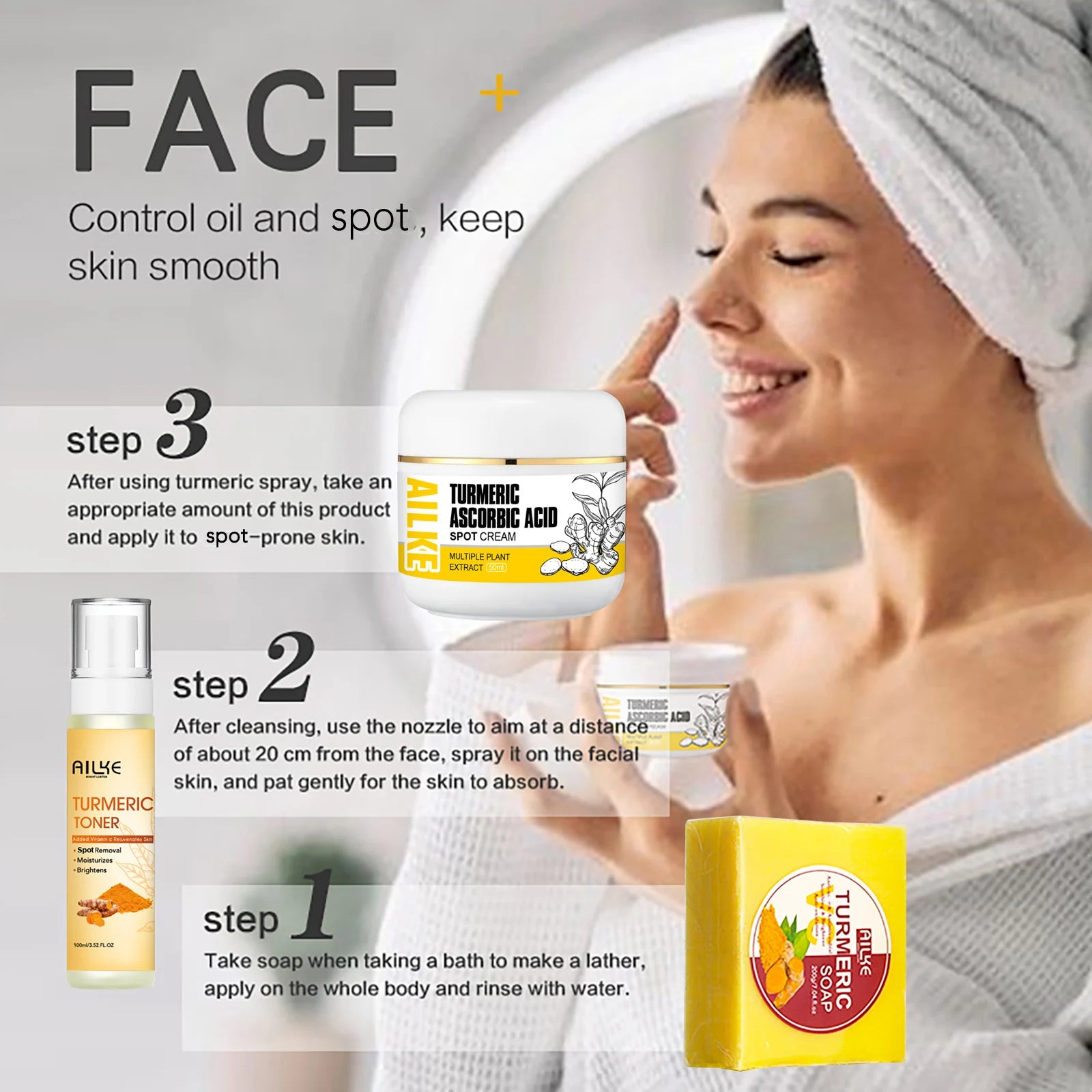 A woman with a towel wrapped around her head applies a face cream. Beside her, text instructions detail three skincare steps using natural turmeric products: soap, toner, and cream for glowing skin. Each product is pictured near its respective step description, promising a radiant complexion.