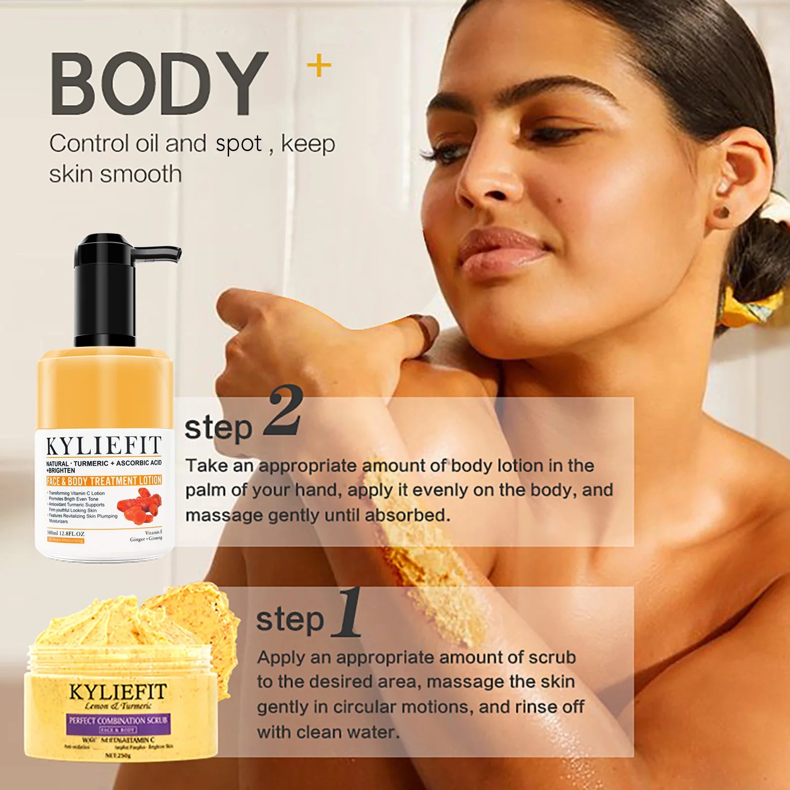 A woman applies body scrub to her shoulder with a relaxed expression, showcasing KYLIEFIT products made with natural ingredients. The image features Pumpkin Turmeric Acai Body Lotion and Papaya Turmeric Scrub, along with text instructions for achieving smooth, glowing skin.