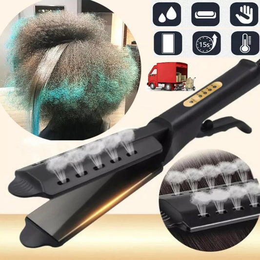 A ceramic hair straightener is shown emitting steam. In the background, a small inset image displays a person with curly hair. Various icons at the top indicate features: water droplets, smartphone, 15 seconds, thermometer, and a red truck. The device boasts adjustable temperature settings for versatile styling.