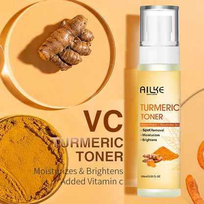 An advertisement for Ailke Turmeric Toner with the bottle positioned on the right, featuring a pump dispenser. On the left are turmeric roots and powder. The text highlights benefits such as spot removal, moisturizing, brightening, and added Vitamin C from natural ingredients for a radiant complexion.