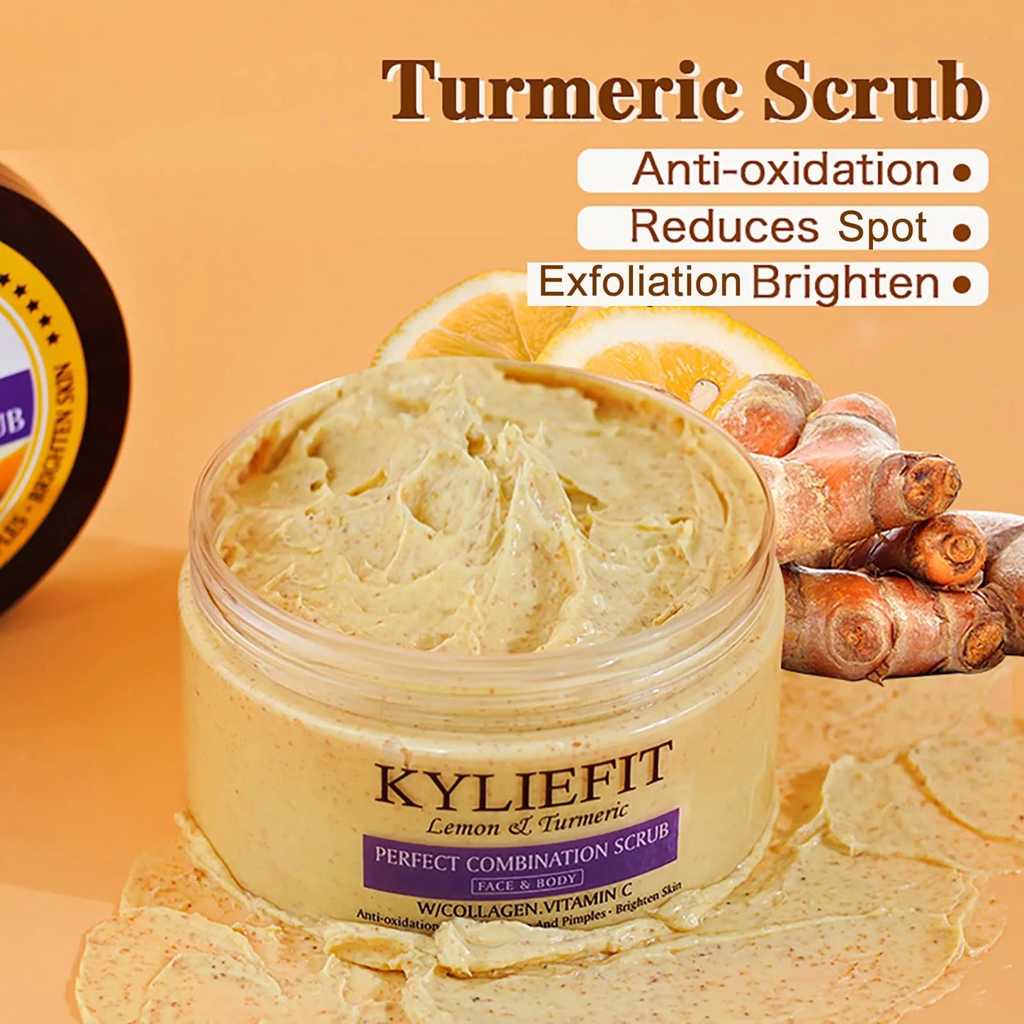 A jar of turmeric scrub with natural ingredients for a radiant complexion, paraben-free.