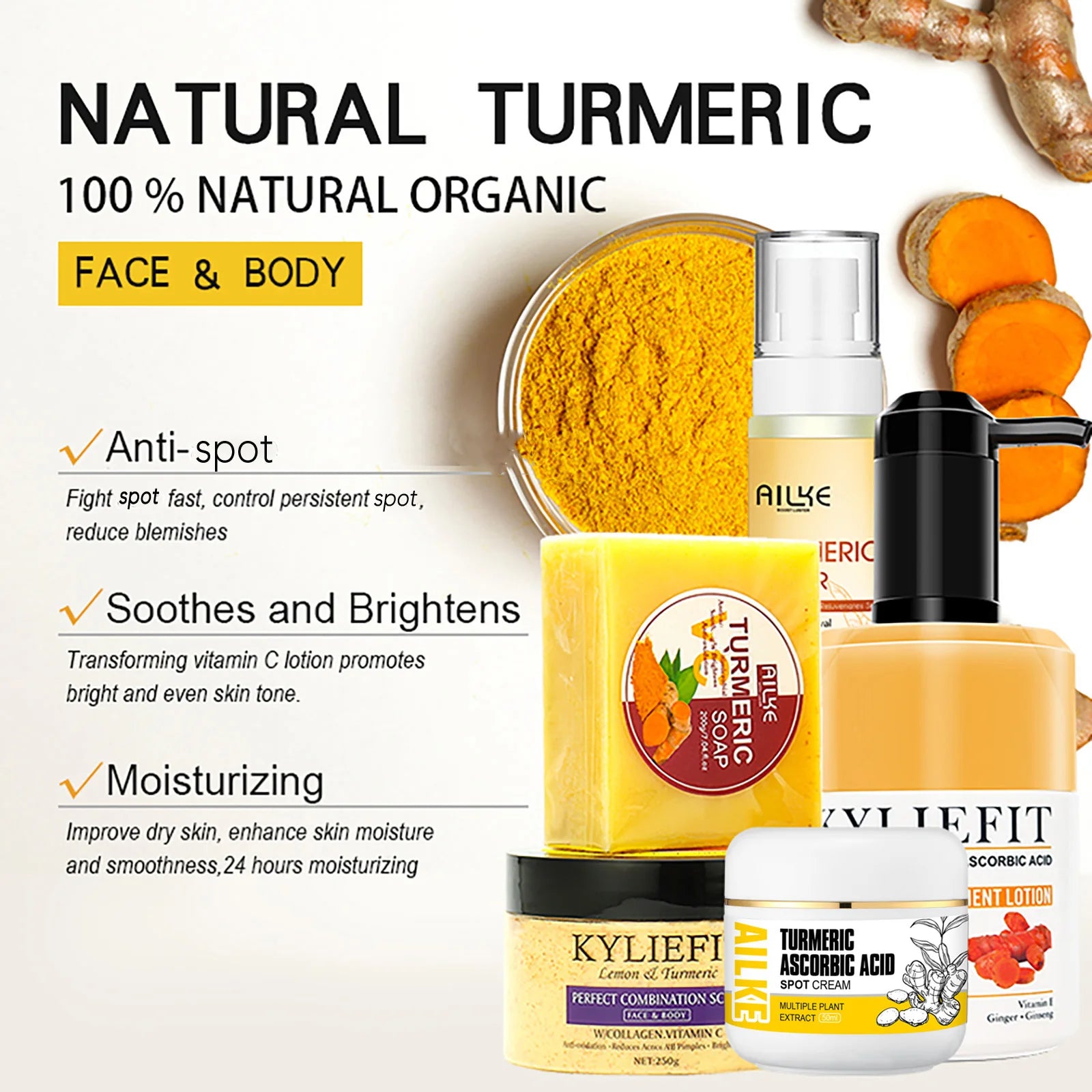 A skincare product advertisement showcasing a range of natural turmeric products. The image features items like soap, lotion, and a jar of turmeric powder. Text highlights benefits: anti-spot, soothes and brightens, moisturizing. Achieve radiant complexion with 100% Natural Organic products, formulated with the finest natural ingredients.