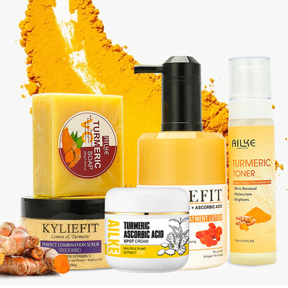 Image featuring slices of orange turmeric root on the left and several whole and sliced turmeric roots on the right. The text reads, "NATURAL TURMERIC" and highlights the benefits of turmeric extract for soothing skin, improving spots, dry skin, hydration, smoothness, and achieving a radiant complexion through natural ingredients.