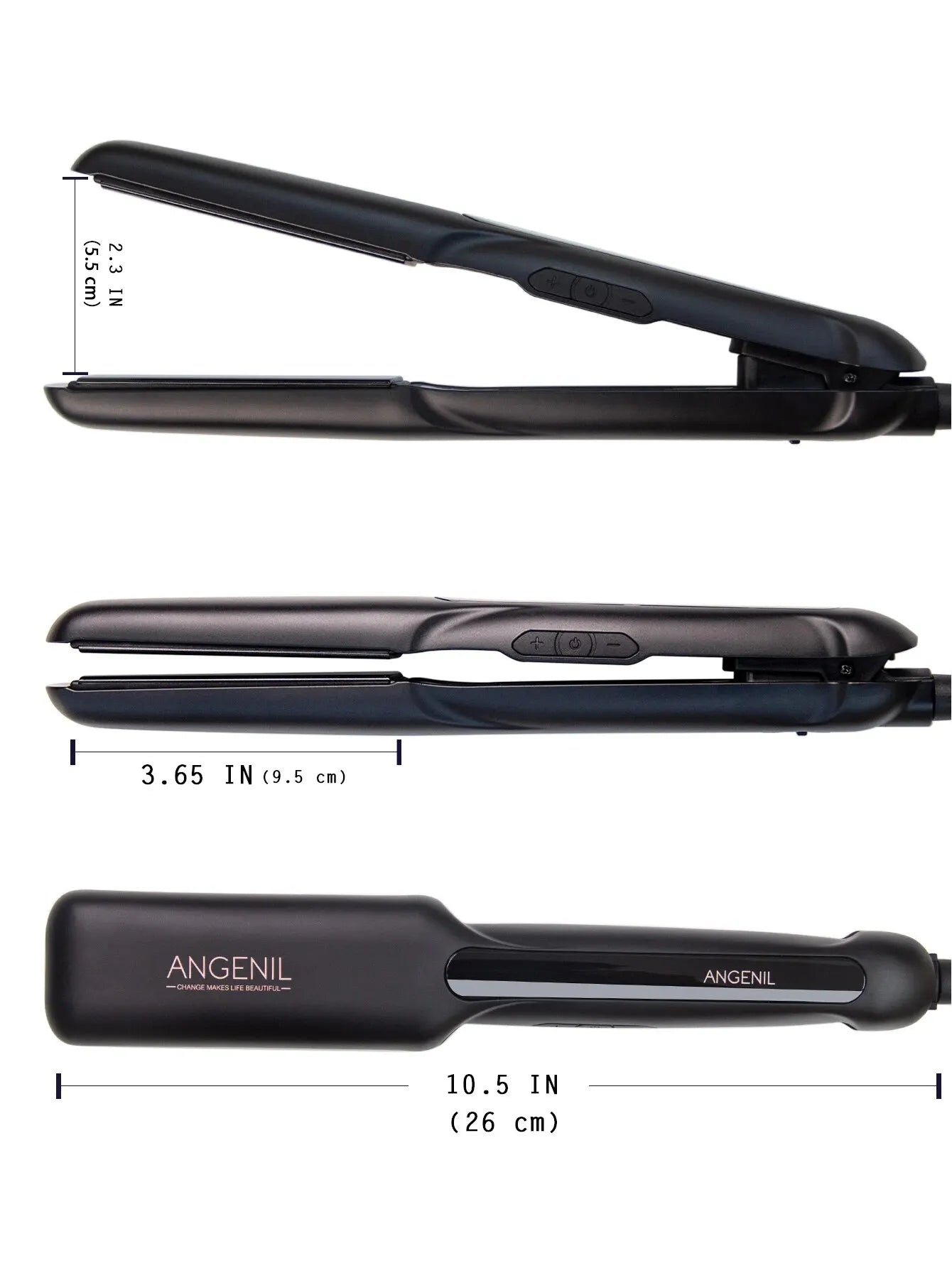 An image displays three side views of a black hair straightener labeled "ANGENIL" featuring cutting-edge heating technology. The top view shows the device open, measuring 2.3 inches in width. The middle view shows it closed with a width of 3.65 inches, and the bottom view shows it horizontally at 10.5 inches long.