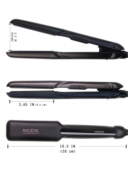 An image displays three side views of a black hair straightener labeled "ANGENIL" featuring cutting-edge heating technology. The top view shows the device open, measuring 2.3 inches in width. The middle view shows it closed with a width of 3.65 inches, and the bottom view shows it horizontally at 10.5 inches long.