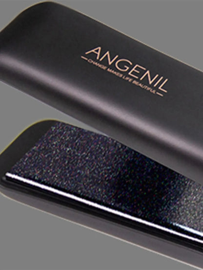 A sleek, black flat iron with the brand name "ANGENIL" and the slogan "CHANGE MAKES LIFE BEAUTIFUL" printed on its casing. The iron is slightly open, revealing cutting-edge heating technology within its tourmaline ceramic floating plates. The background is a plain grey coloru.